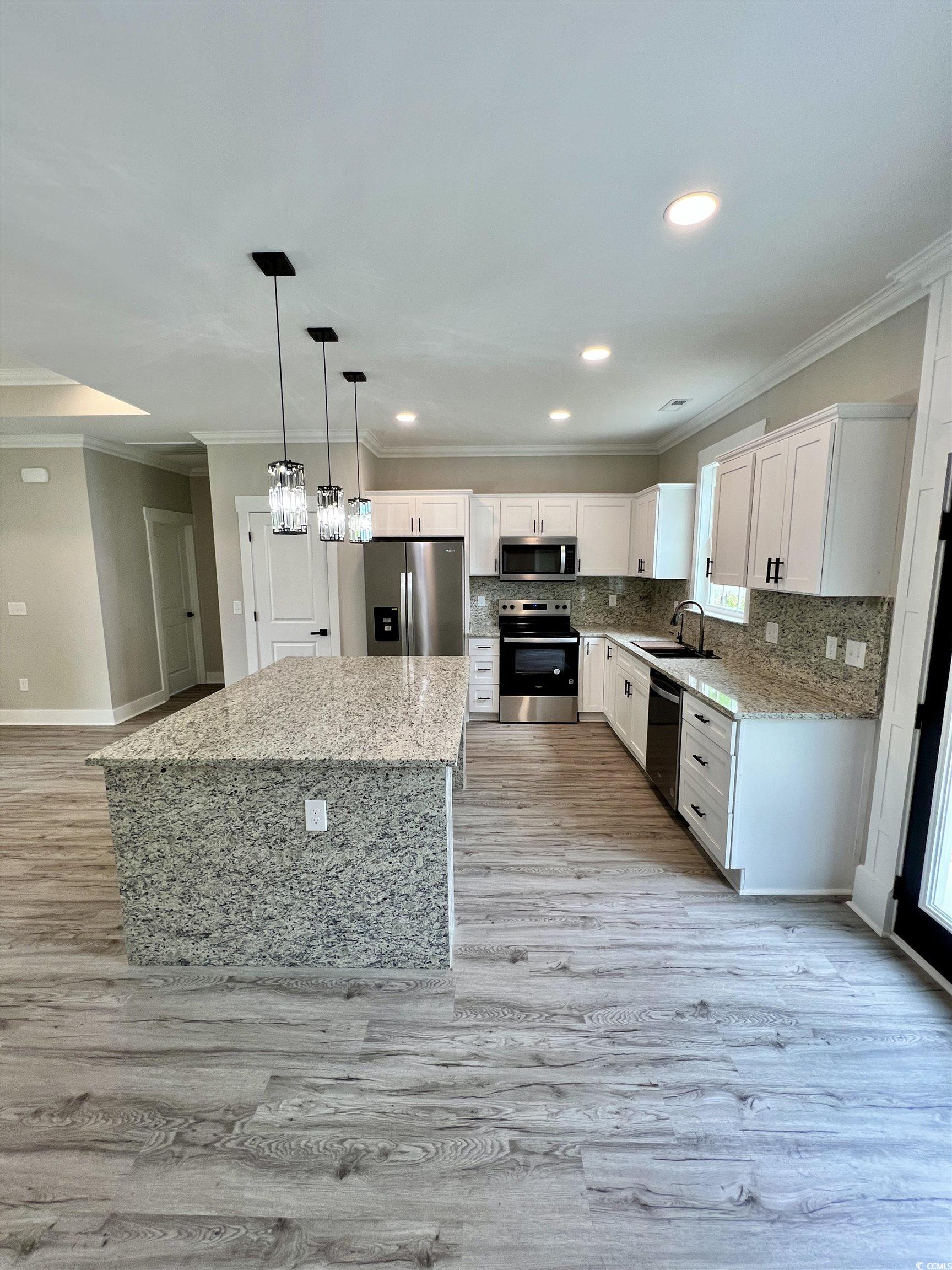 1795 Hemingway Street Conway, SC 29527 - Photo 7 of 29 Kitchen featuring ornamental molding, light stone countertops, stainless steel appliances, light wood-type flooring, and pendant lighting