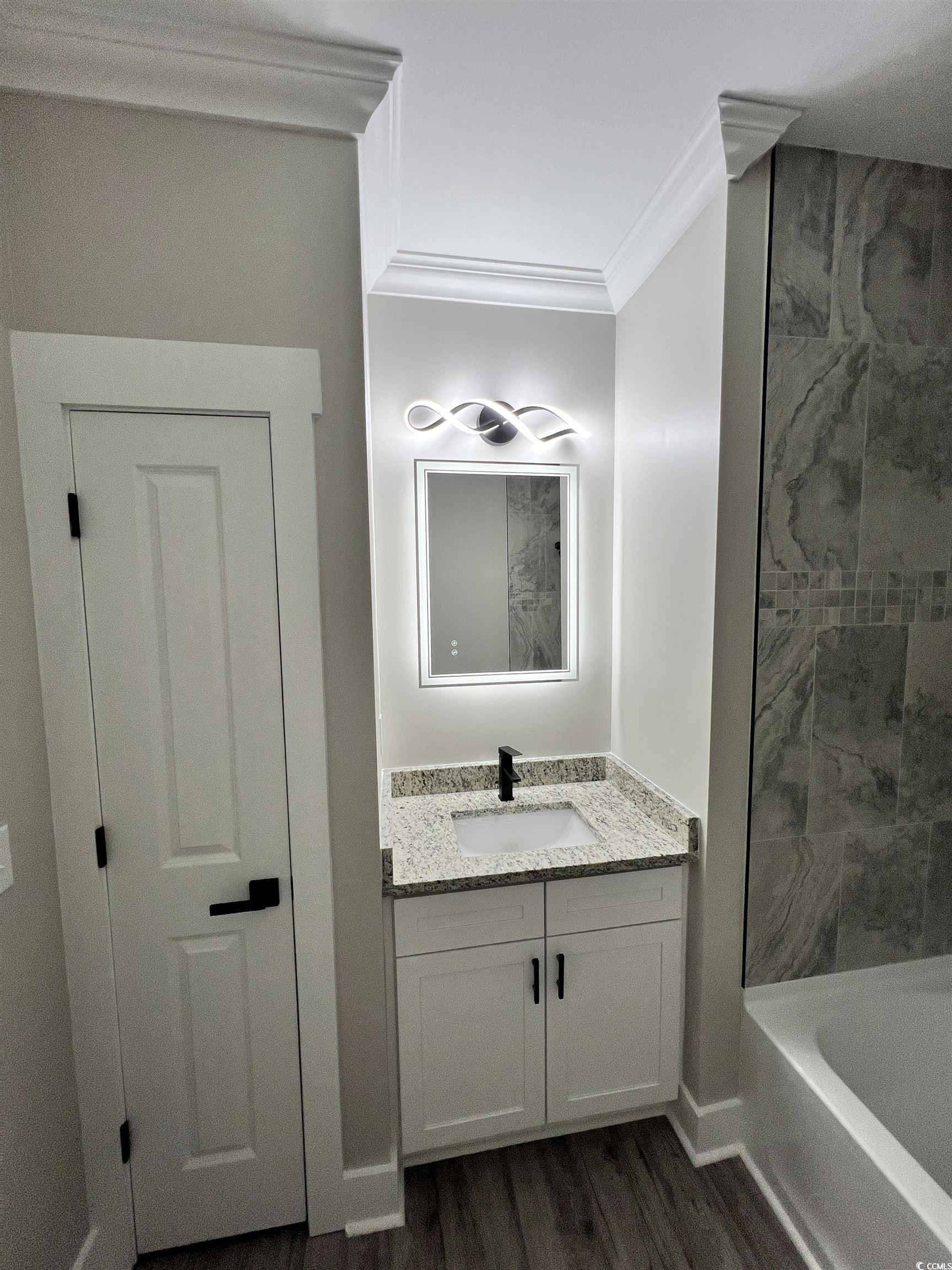 1795 Hemingway Street Conway, SC 29527 - Photo 10 of 29 Full bath featuring dark wood finished floors, vanity, ornamental molding, and washtub / shower combination