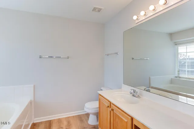 a bathroom with a sink toilet vanity and tub
