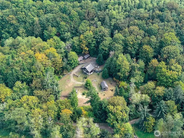 an aerial view of residential house with outdoor space and trees all around