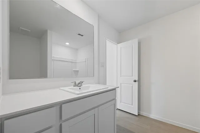 a bathroom with a sink vanity and a mirror