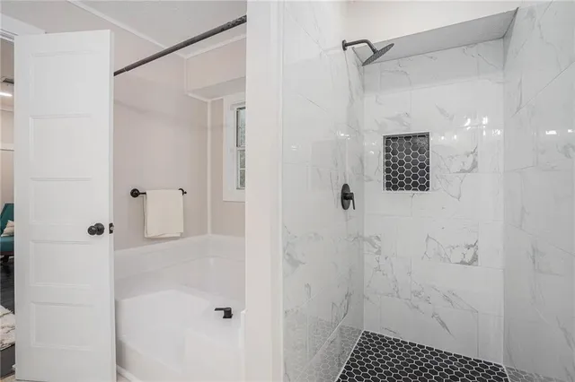 a bathroom with a bathtub