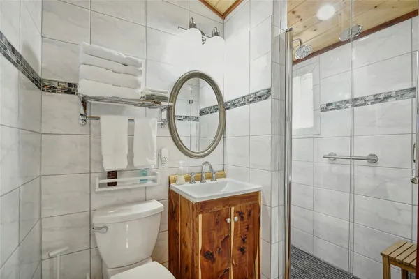 a bathroom with a sink a mirror a toilet and a shower