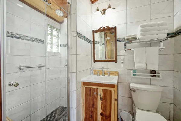 a bathroom with a toilet sink shower and mirror