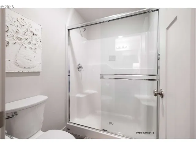 a bathroom with a shower and a toilet