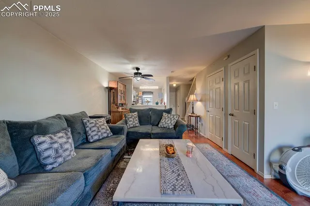 a living room with furniture and a rug