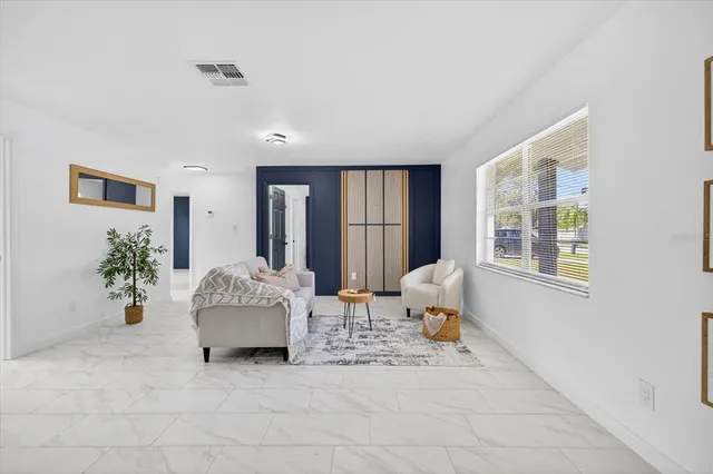 a living room with furniture and a potted plant