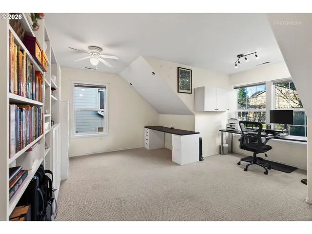 a workspace with a bookshelf
