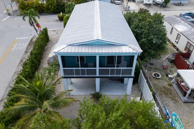 an aerial view of a house with a yard and potted plants