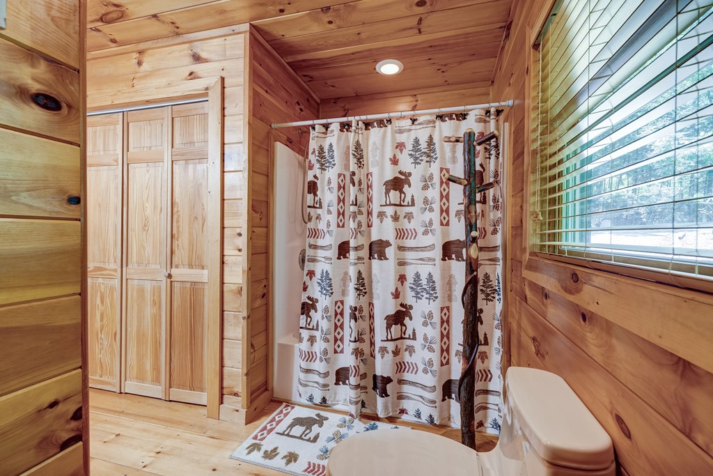 30 The Forest Road Blue Ridge, GA 30513 - Photo 22 of 47 a bathroom with a toilet a sink and a shower curtain