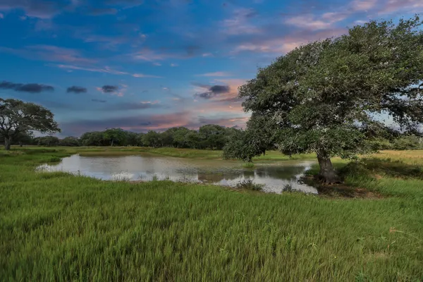 a view of lake with green space