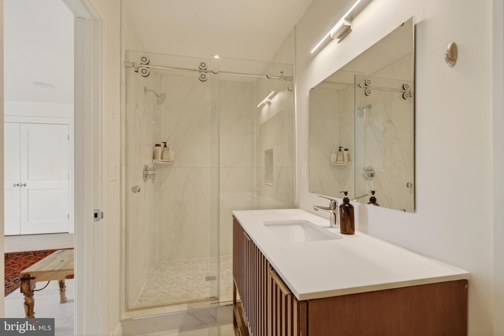 1215 28th Street Northwest, Unit L4 Washington, DC 20007 - Photo 35 of 48 a bathroom with a sink a mirror and shower