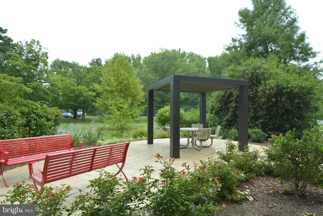 a view of a bench in the garden