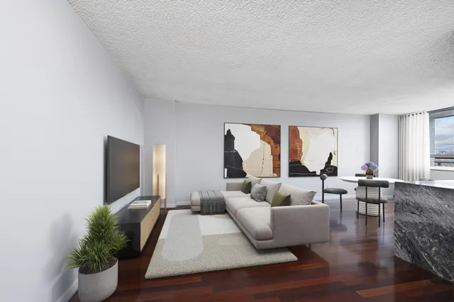 a living room with furniture flat screen tv and potted plant