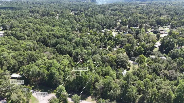 an aerial view of residential house with outdoor space and trees
