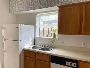 a white kitchen with a sink and a window