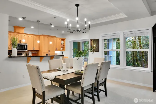 a view of a dining room with furniture large windows and a chandelier