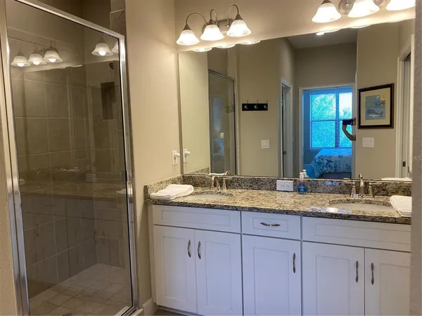 a bathroom with a granite countertop sink shower and a mirror