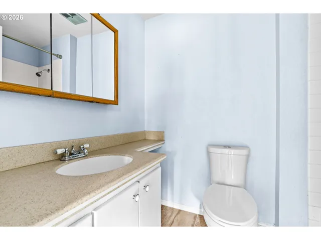 a bathroom with a granite countertop sink and a mirror