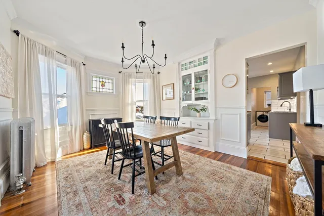 a view of a dining room with furniture