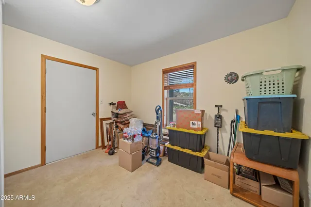 a view of a garage with storage