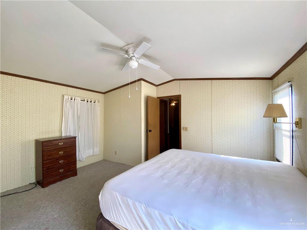 219 Bundle Wagon Drive Mission, TX 78574 - Photo 12 of 30 Bedroom with ornamental molding, lofted ceiling, carpet, and ceiling fan