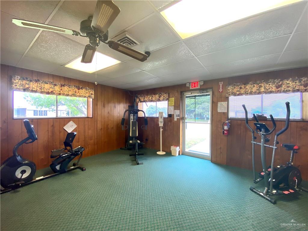 219 Bundle Wagon Drive Mission, TX 78574 - Photo 29 of 30 Exercise room with wooden walls, carpet floors, and ceiling fan
