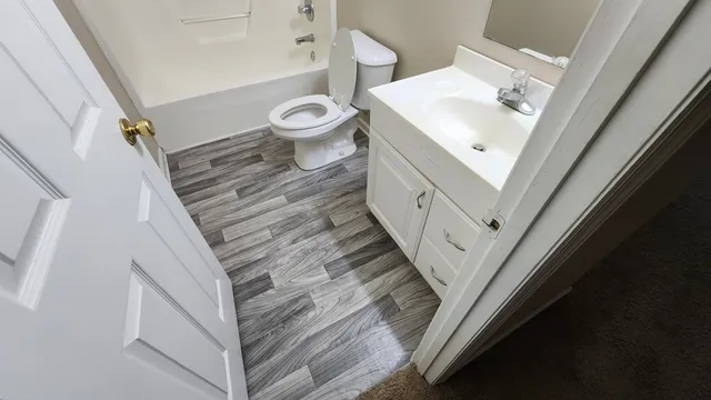 a bathroom with a sink a toilet and a mirror