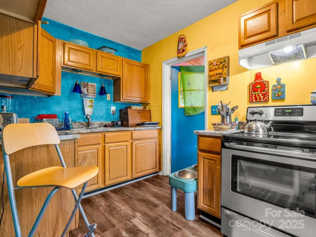 a kitchen with stainless steel appliances a stove a sink and cabinets