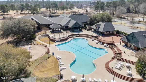 an aerial view of a swimming pool