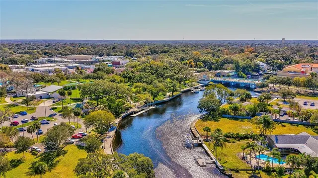 an aerial view of a house with a yard and lake view