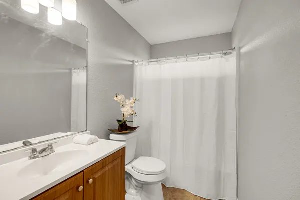 a bathroom with a sink vanity mirror and toilet