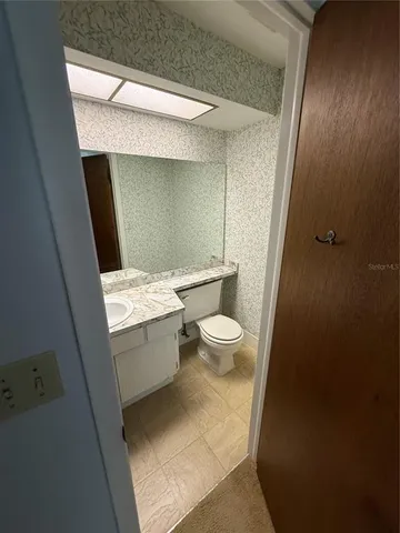 a bathroom with a sink a toilet and mirror