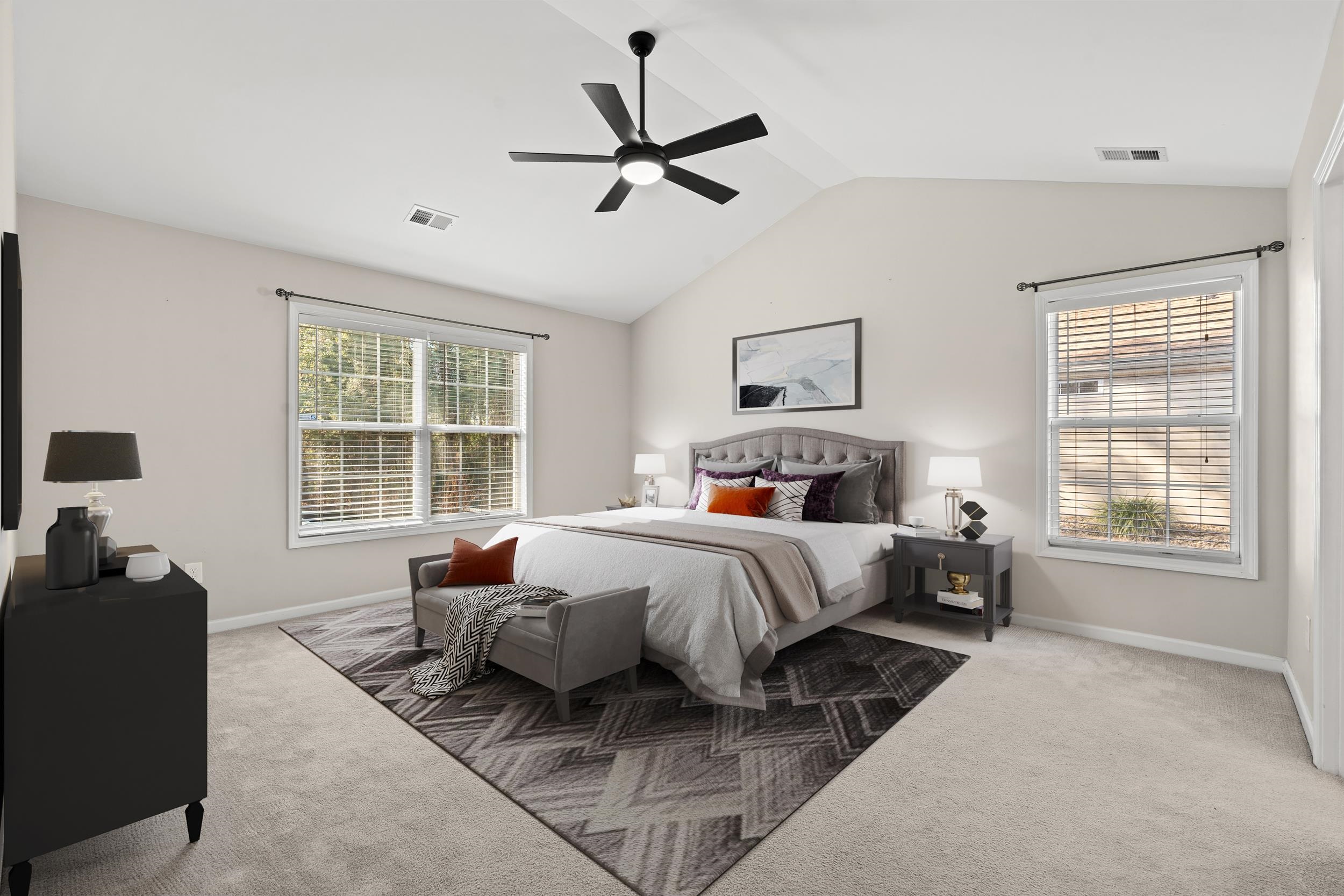 2487 Windmill Way Myrtle Beach, SC 29579 - Photo 21 of 40 Bedroom with carpet flooring, lofted ceiling, and a ceiling fan