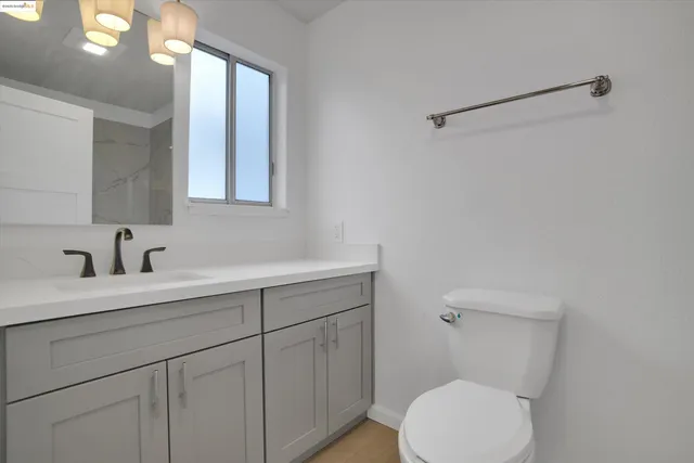 a bathroom with a toilet sink a mirror and vanity