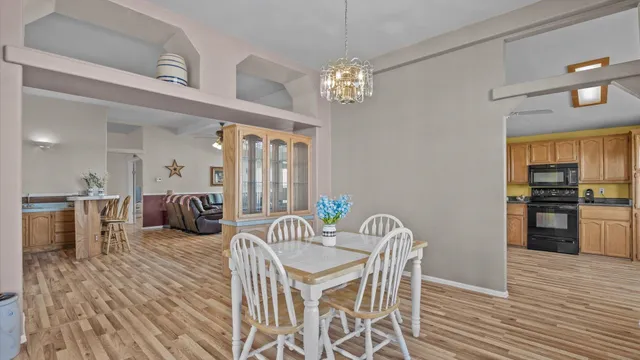 a view of a dining room with furniture
