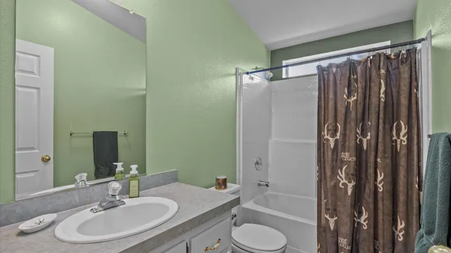 a bathroom with a granite countertop sink toilet a shower and a mirror