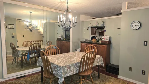 a view of a dining room with furniture