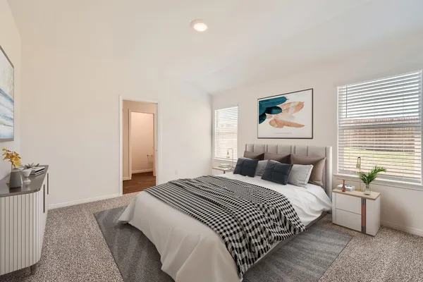 a bedroom with a bed and a couch