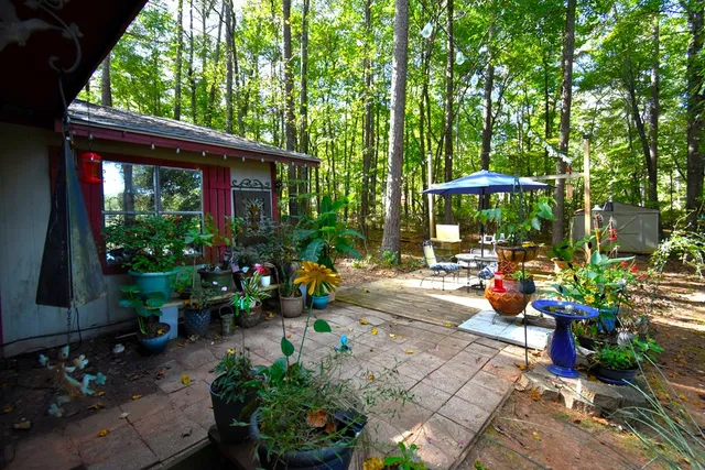 a view of a chair and tables in the garden