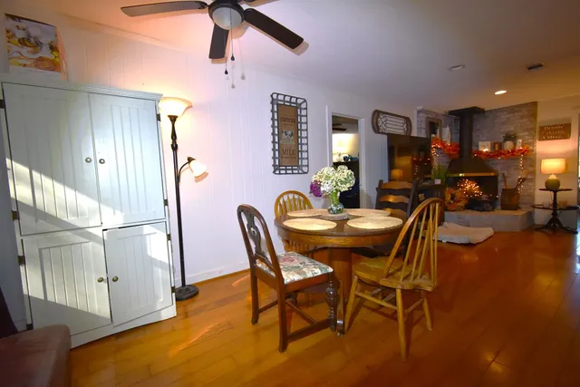 a view of a dining room with furniture