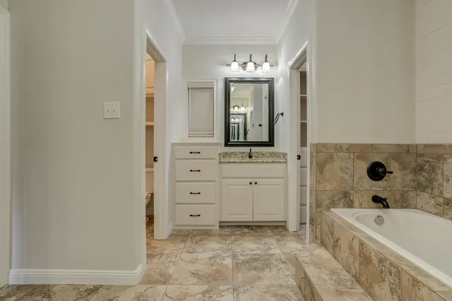 a bathroom with a bathtub sink and mirror