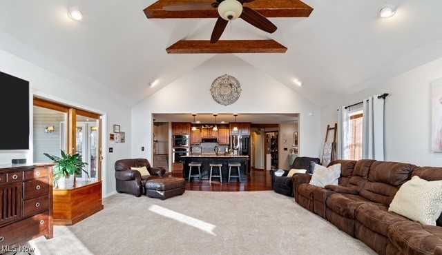 8995 Ridge Road Wooster, OH 44691 - Photo 21 of 50 Living room with recessed lighting, ceiling fan, high vaulted ceiling, beam ceiling, and light colored carpet