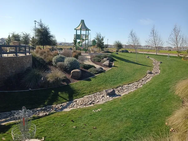 a view of a garden with large trees