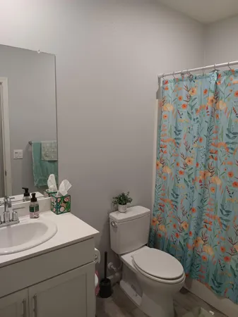 a bathroom with a sink toilet and a mirror