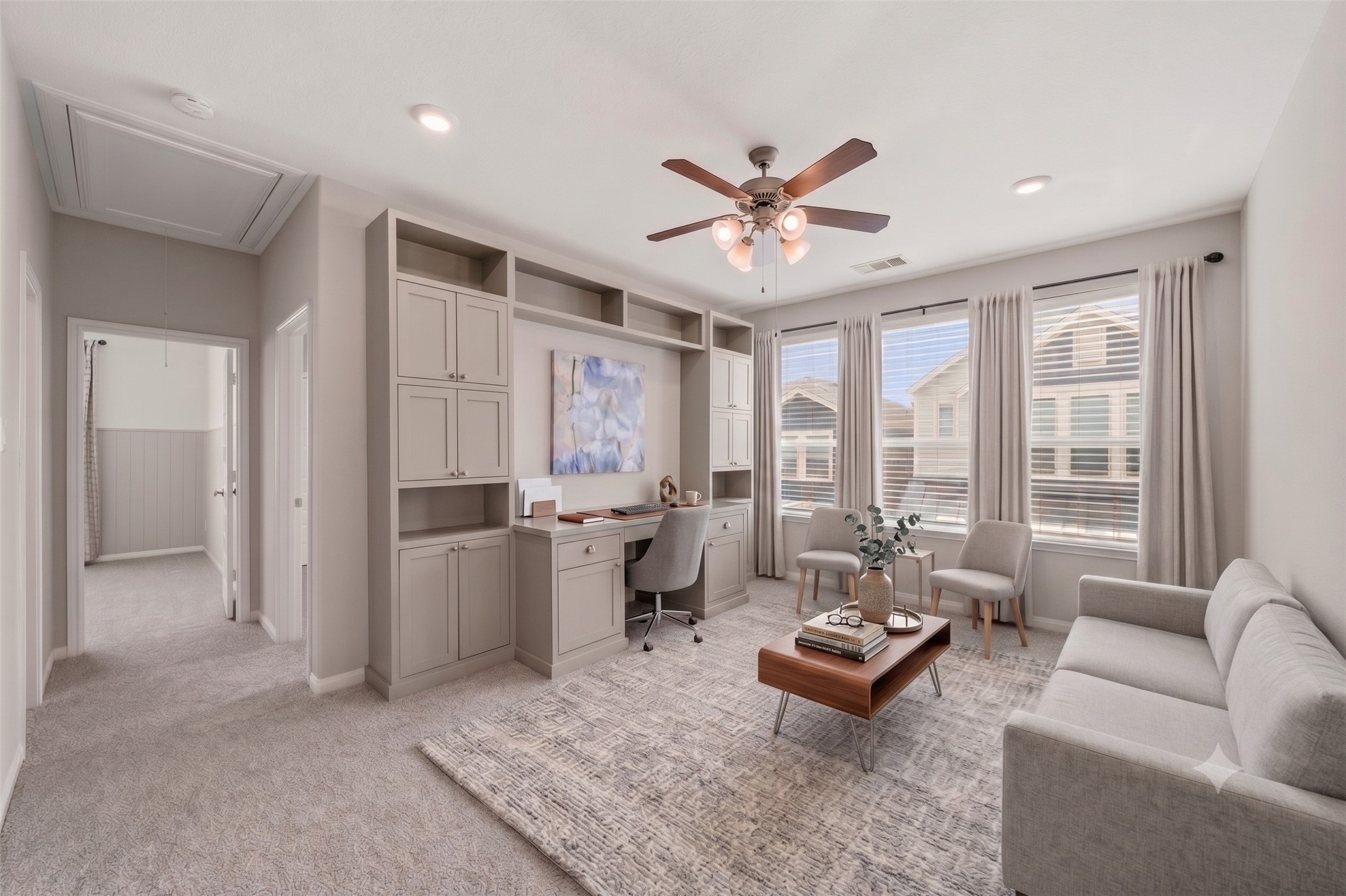 4103 Tranquil Square Road Houston, TX 77043 - Photo 15 of 39 A versatile game room with plush carpet and custom built-in desk, shelving and cabinetry were added in 2024, creating a polished space for work, study, or play. This room has been virtually staged