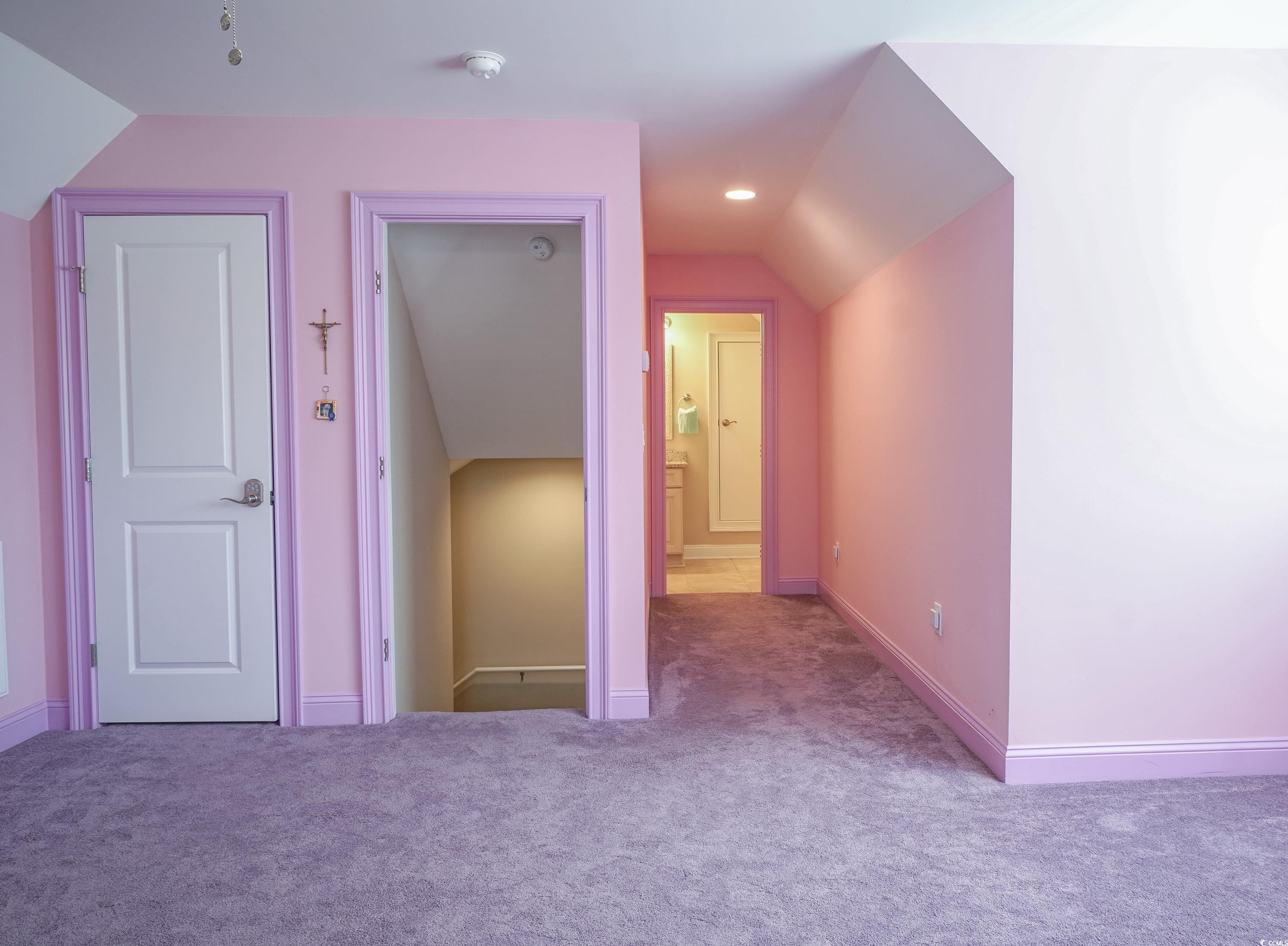 625 Whispering Pines Court Murrells Inlet, SC 29576 - Photo 26 of 36 Additional living space with baseboards, carpet flooring, lofted ceiling, and recessed lighting