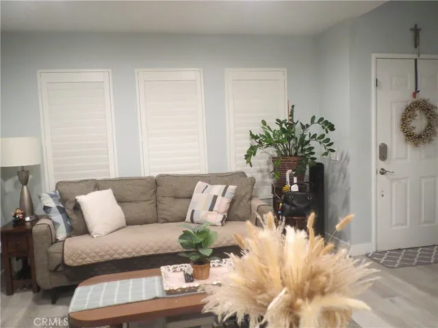 a living room with furniture and a potted plant