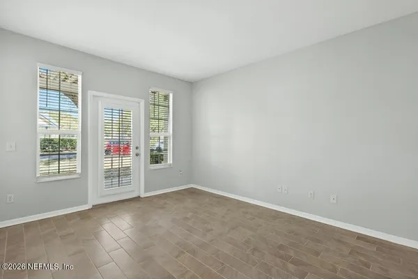 a garden view with a seating space