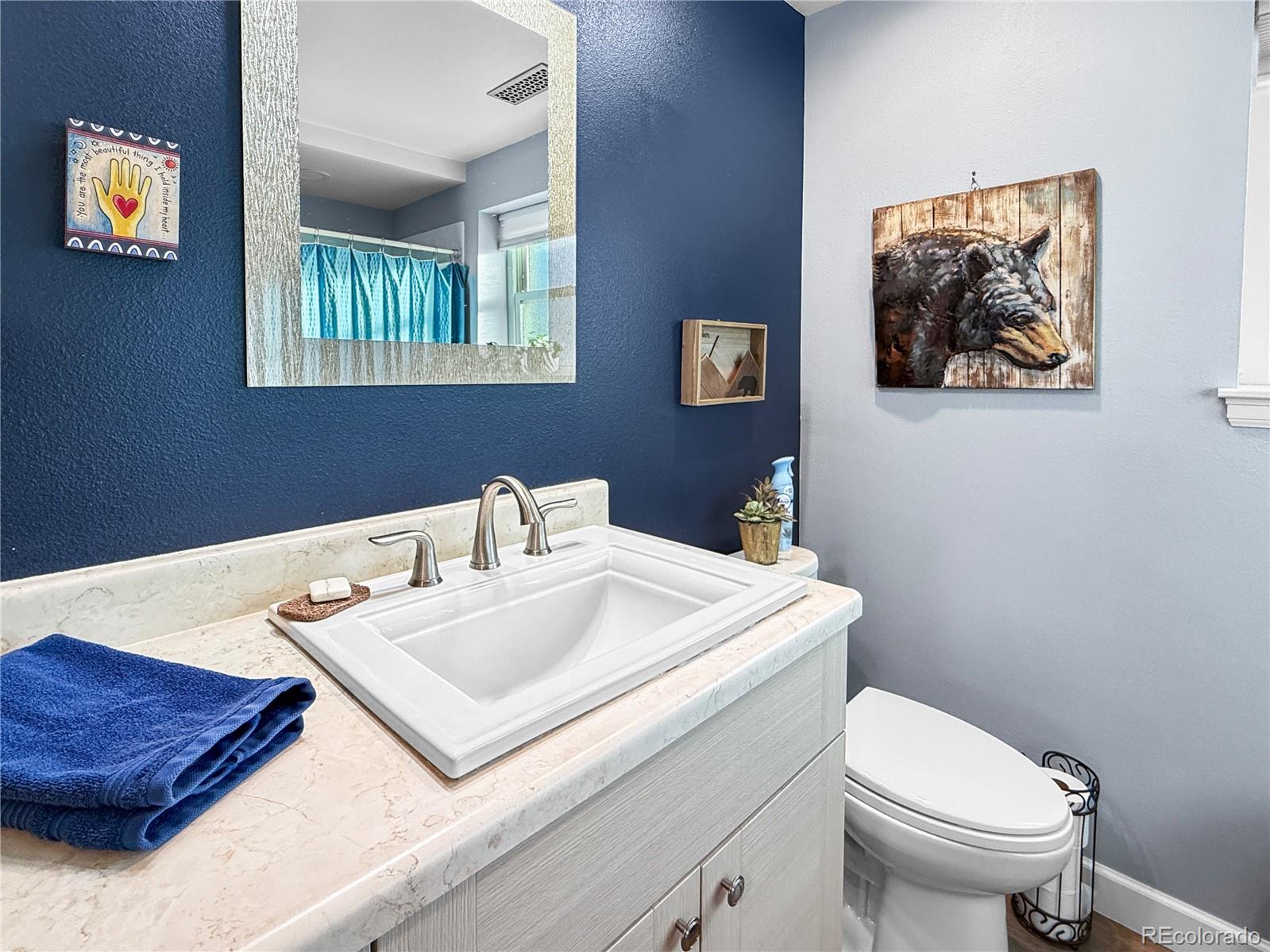4386 South Xenophon Way Morrison, CO 80465 - Photo 26 of 38 a bathroom with a toilet a sink and mirror